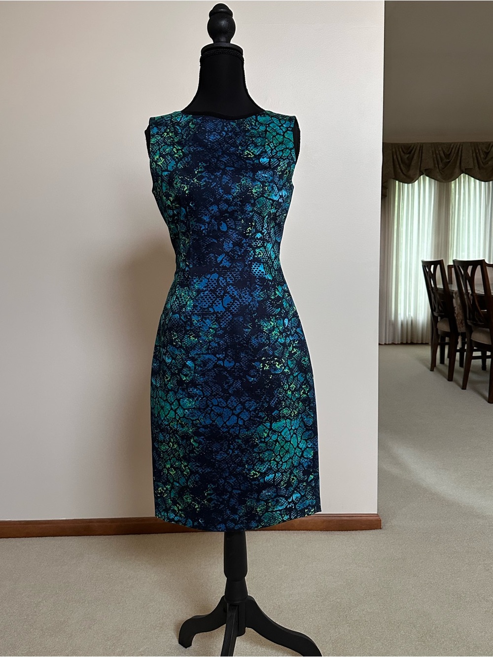 Tahari Teal and Navy Printed Sheath Dress - Picture 3 of 12